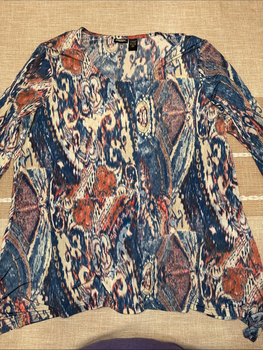 Sara Studio Blue and Rust Abstract Print Long Sleeve Top